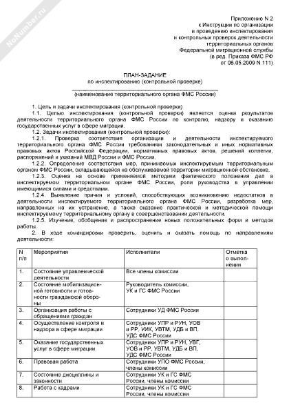 План-задание по инспектированию территориального органа ФМС России
