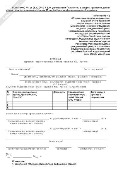 Протокол вручения ведомственных знаков отличия МЧС России