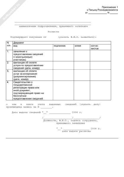 Расписка в получении заявления и прилагаемых к нему документов