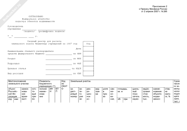 Сводный реестр для расчета земельного налога бюджетных учреждений на 2007